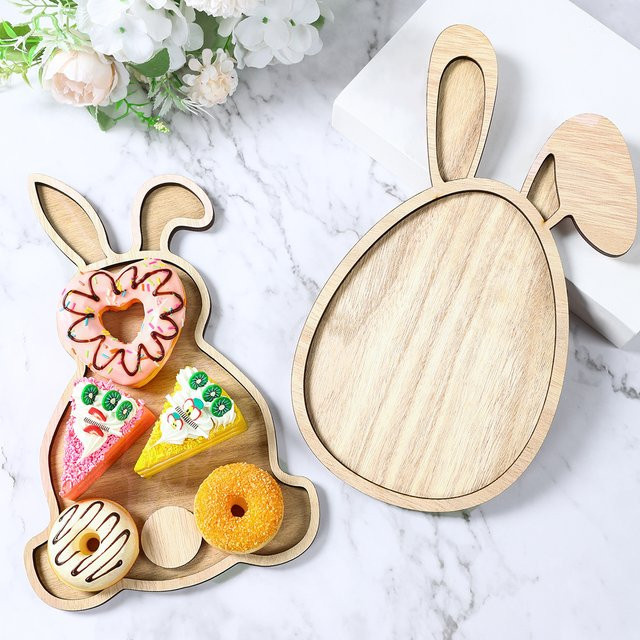 Holztablett Huiran mit Oster-Motiv Hase und Ei in Braun für Frühlingsdeko und zum Servieren von Kuchen oder Obst - Bild 1