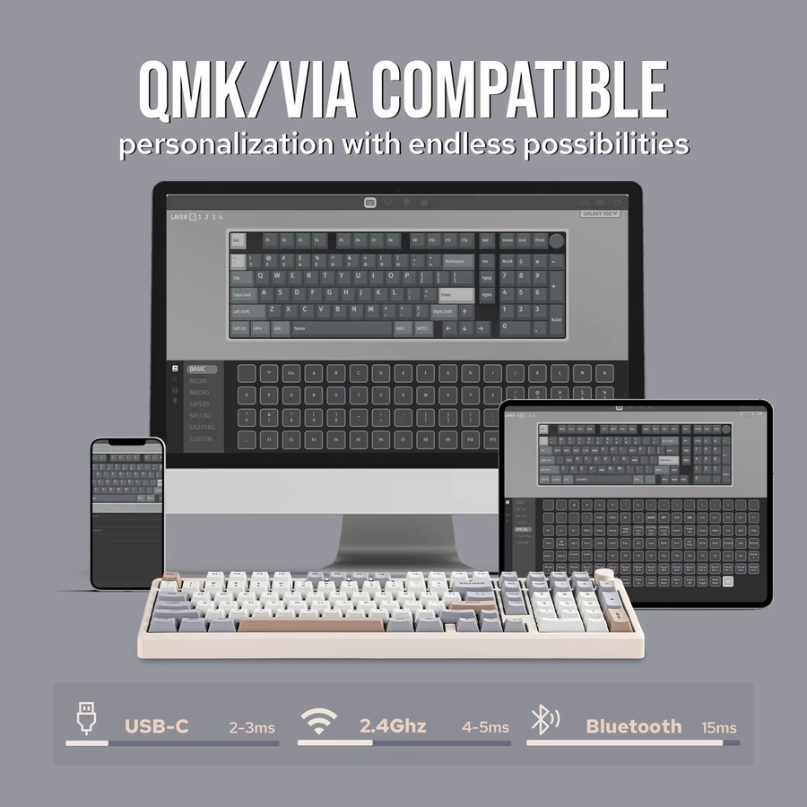 EPOMAKER Galaxy100 Mechanische Gaming-Tastatur mit Aluminium-Gehäuse, Tri-Mode Kabellos, Hot-Swap und Gasket-Mount, US-Layout, Schwarz oder Pink - Bild 3