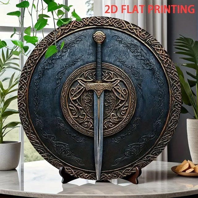 Potdemiel Wikinger-Schild-Wandkunst mit antikem Schwert, rundes dekoratives Metallschild in Schwarz, Durchmesser: 20 cm - Bild 1
