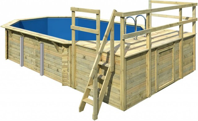 Karibu Holzpool Set 4 in Blau und Grau mit Filteranlage, Skimmer, drei Sonnenterrassen, Poolfolie, Schutzvlies und Einhängeleiter, B/T/H: 600 x 400 x 111 cm - Bild 2