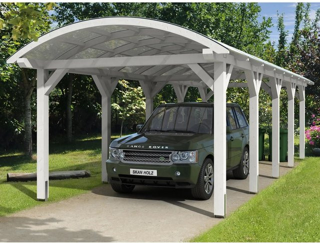 Skan Holz Carport Franken Bogendach aus Fichte in Weiß mit Doppelstegplatten aus Polycarbonat, B/T: 376 x 969 cm, Höhe: 293 cm - Bild 1
