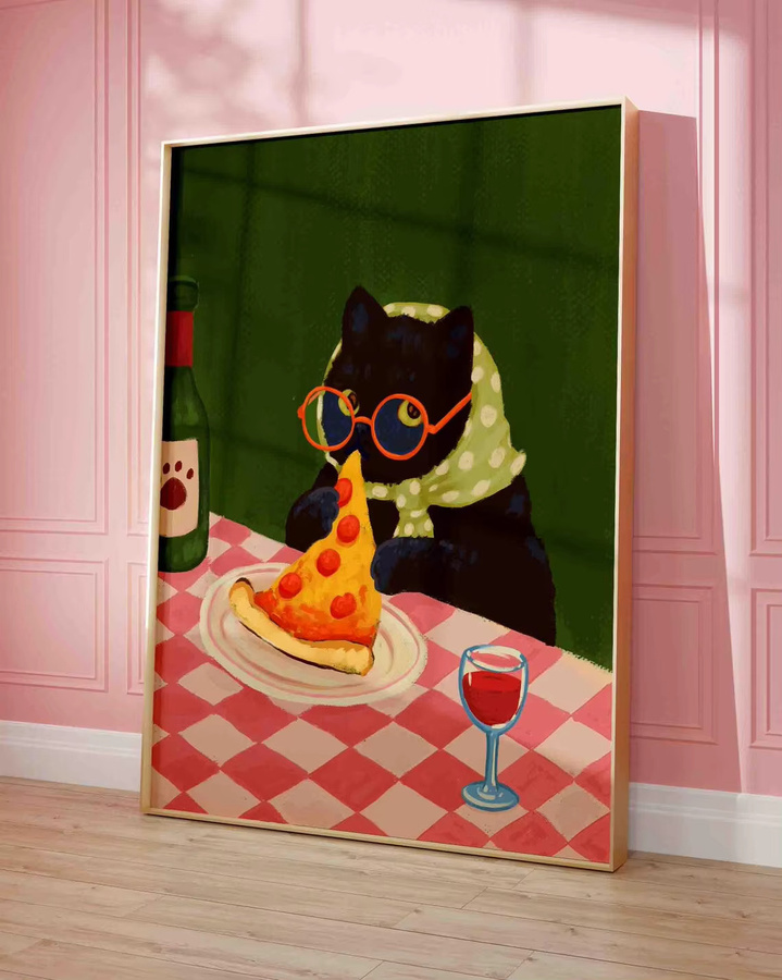 Cozy Diner Cat Wandkunst von SHENCHEN – Retro Paper Poster mit Katzenmotiv in Pink und Grün - Bild 2