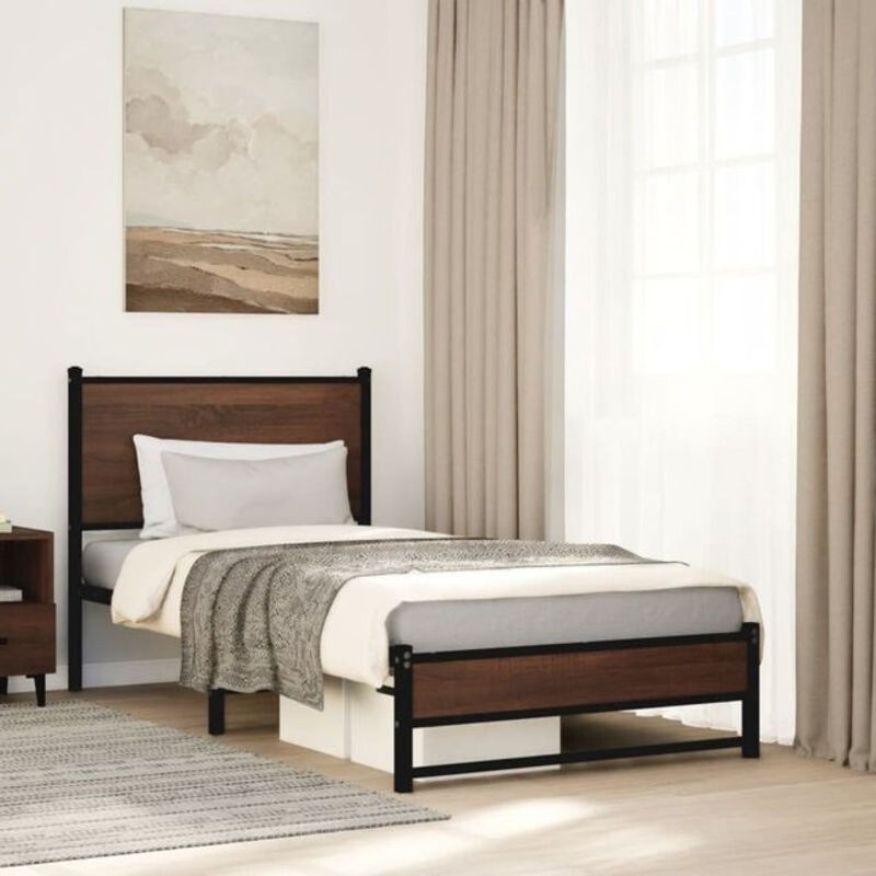 Metallbett Vidaxl in Braun mit Eichen-Optik im Industrial-Stil, B/T/H: 80 x 200 cm (ohne Matratze) - Bild 1