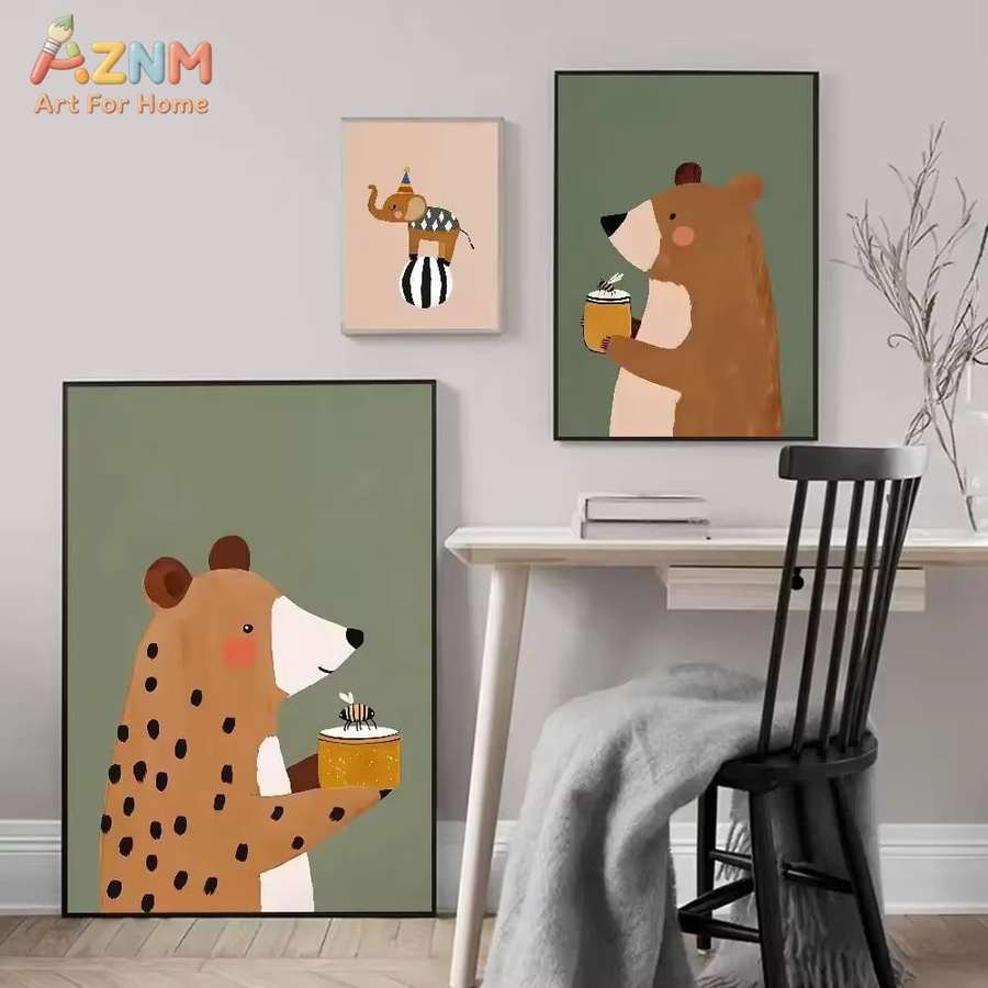 Kayou Abstrakte Leinwandkunst Zirkustiere Wandbild mit Bär, Elefant, Biene, Einhorn und Tiger in Mehrfarbig - Bild 3