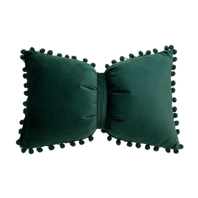 Dekorativer Samtschleifen-Kissenbezug mit Pompoms in Grün, B/H: 30 x 50 cm - Bild 1