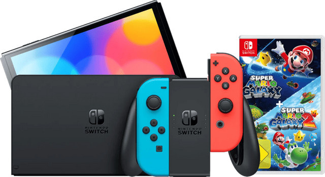 Nintendo Switch OLED Handheld Konsole Blau/Rot mit Super Mario Galaxy 1+2 - Bild 1