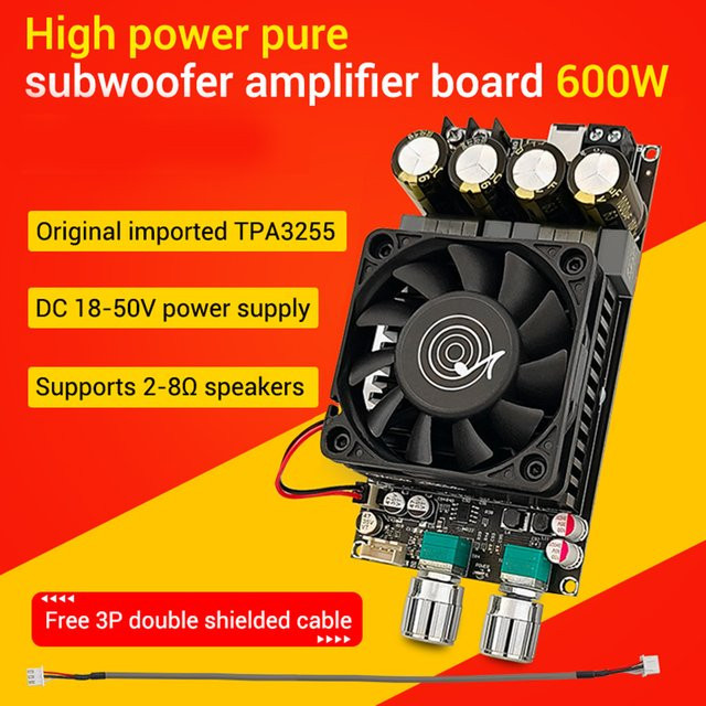 ZK-6001 Aktive Subwoofer Verstärkerplatine mit TPA3225 Mono 600W DC18-50V in Schwarz mit Tiefpassfilter und Frequenz- sowie Lautstärkeregelung - Bild 1