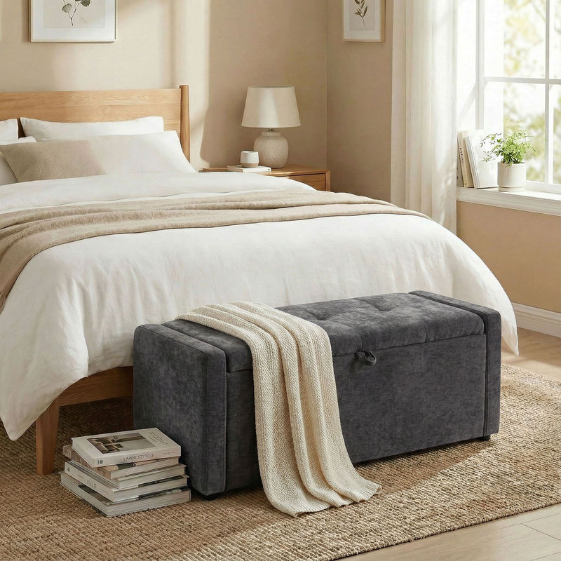 HOMCOM Aufbewahrungsbank mit Leinenbezug in Dunkelgrau, gepolsterte Sitzbank mit Aufbewahrungsbox für Wohnzimmer, Schlafzimmer oder Flur, B/T/H: 122 x 48 x 44 cm - Bild 2
