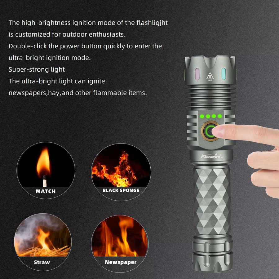 Alonefire Hochleistungs-Taschenlampe mit 4 LEDs und 6000 Lumen, wiederaufladbar via USB mit LCD-Anzeige, ideal für Outdoor, Jagd und Camping - Bild 3