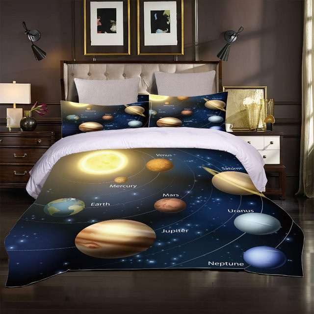 3D Bettwäsche-Set Sonnensystem Planeten für Kinder in Blau, bestehend aus 1 Bettbezug und 2 Kissenbezügen, Breite: 90 cm, Länge: 190 cm - Bild 1