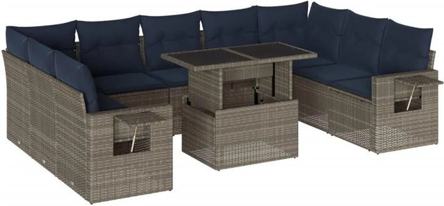 vidaXL 10-tlg. Gartensofa-Set in U-Form mit Polyrattan und Kissen, Grau/Blau - Bild 1