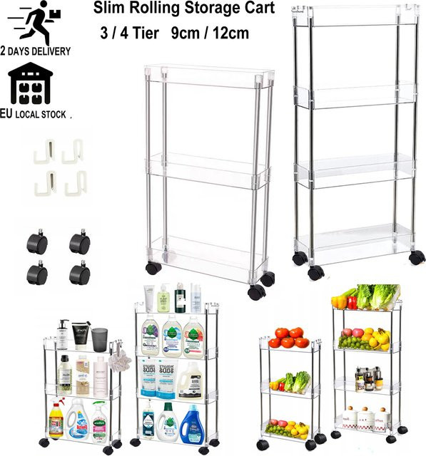 Schlanker rollender Aufbewahrungswagen von Hooha, transparenter Organizer mit 3 oder 4 Schichten für Küche, Büro und Badezimmer, Breite: 9 cm oder 12 cm - Bild 1