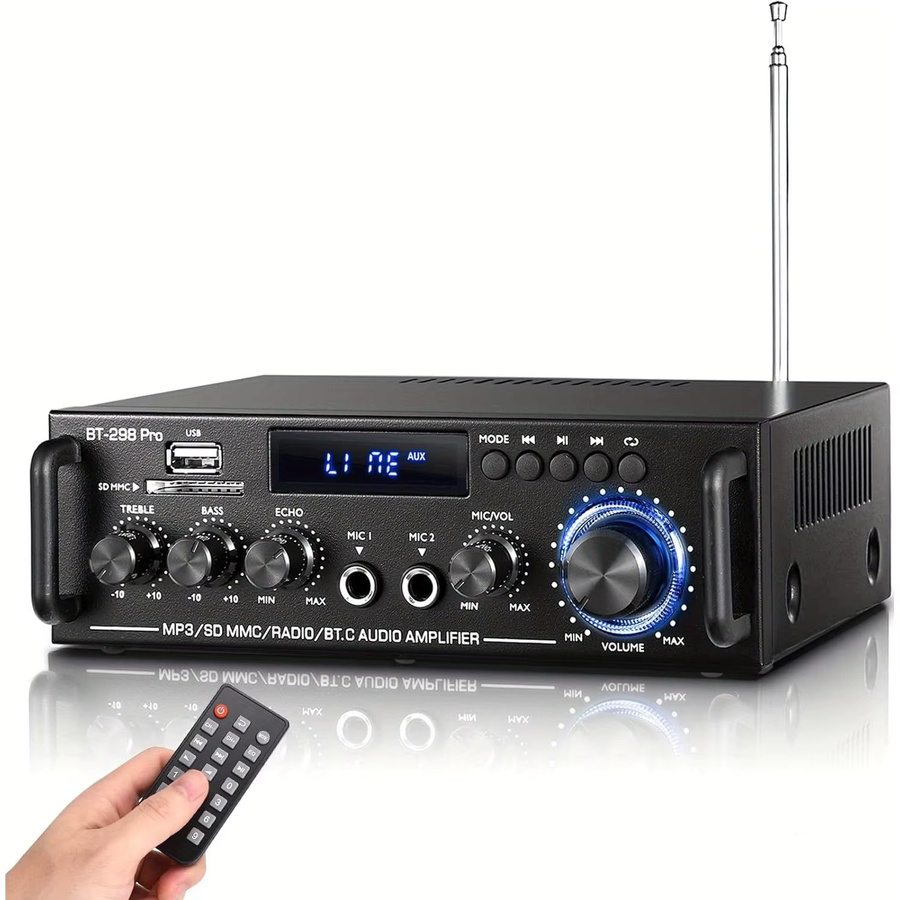 Stereo-Verstärker-Set Zweikanal-Heimverstärker in Schwarz mit Mikrofoneingang, Echo-Effekt, Bass- und Höhenregelung sowie USB, RCA und FM Schnittstellen - Bild 8