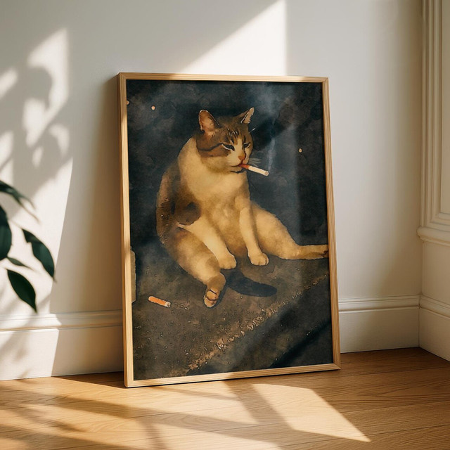Vintage Wandkunst mit rauchender Katze von SHENCHEN als mehrfarbiger digitaler Druck im rechteckigen Format - Bild 1