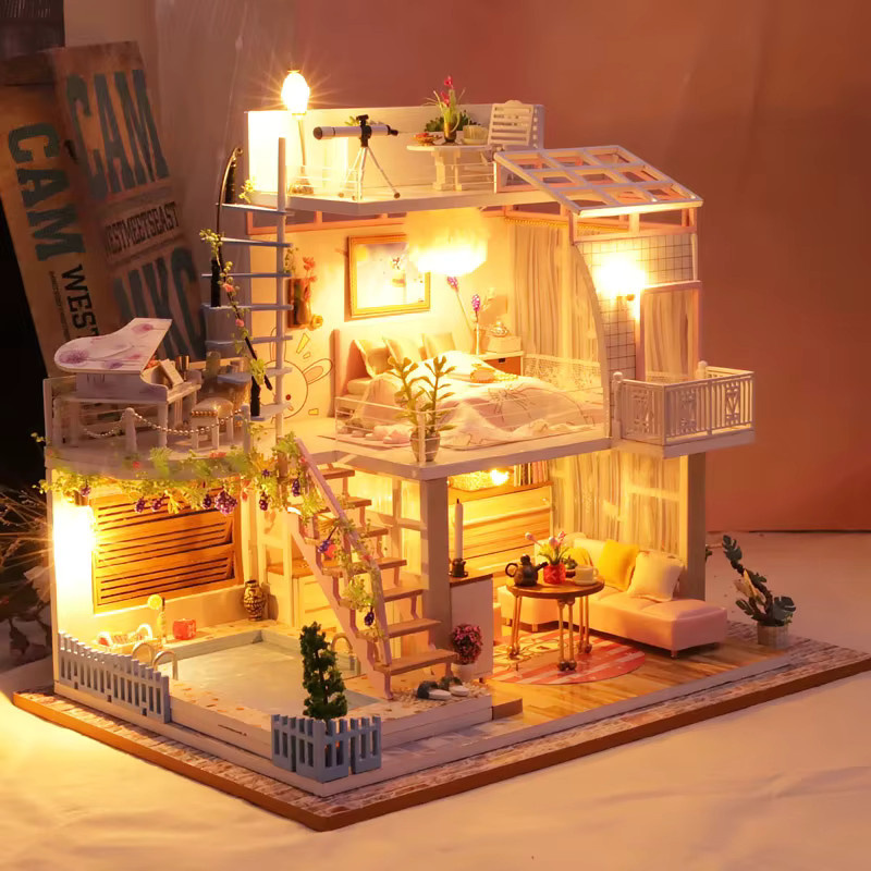 zuuton DIY Holz Mini Puppenhaus 3D Puzzle, Modell Gebäude, mit LED Lichter - Bild 2