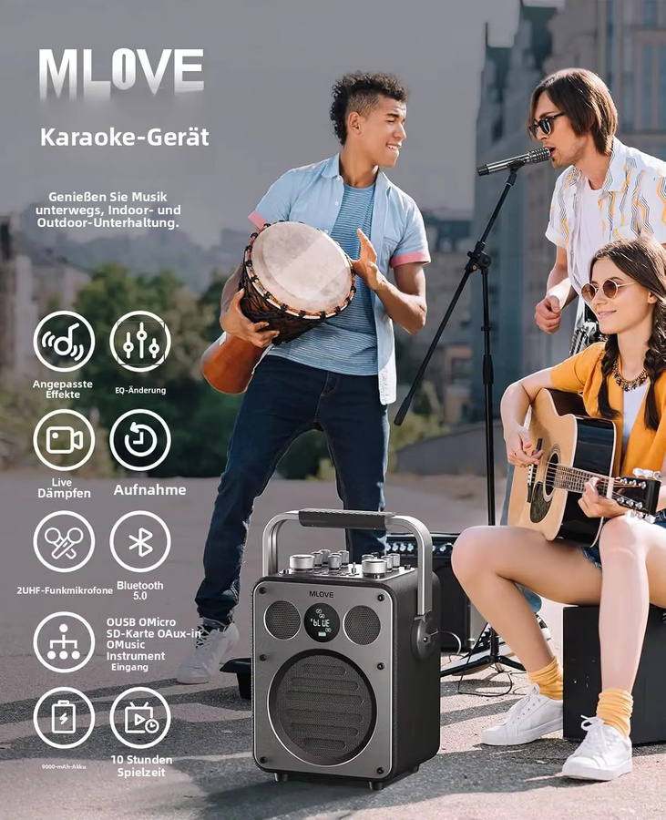 MLOVE D5 Professionelle Karaoke-Maschine in Schwarz mit Bluetooth, 2 kabellosen Mikrofonen und Aufnahmefunktion - Bild 2