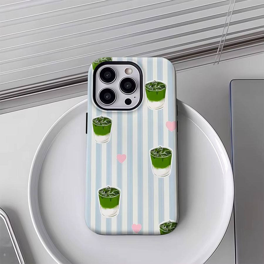 Matcha Heart Stripes Handyhülle für iPhone 17 16 15 14 13 12 Pro Max Plus mit doppelschichtiger Rückseite in Grün und Multicolour - Bild 2