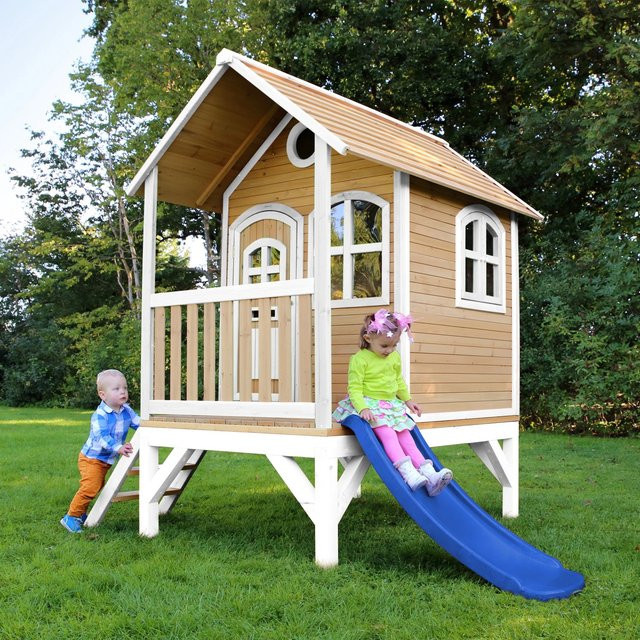 Axi Spielturm Tom aus Holz in Braun und Weiß mit blauer Rutsche, B/H/T: 287 x 231 x 191 cm - Bild 1