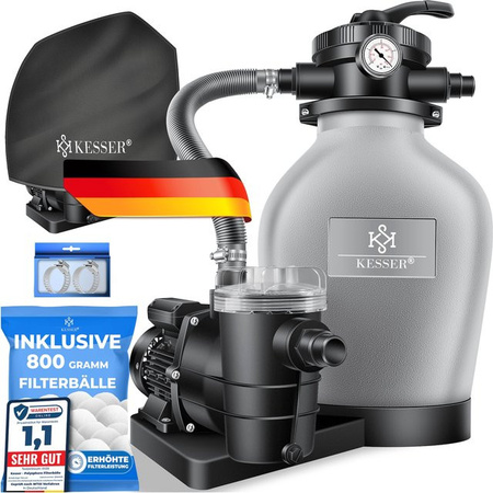KESSER Sandfilteranlage mit 7-Wege-Ventil und Druckanzeige inklusive 25kg Filtersand und 800g Filterbällen, grau, 10 m³/h Filterleistung für Pool und Schwimmbecken