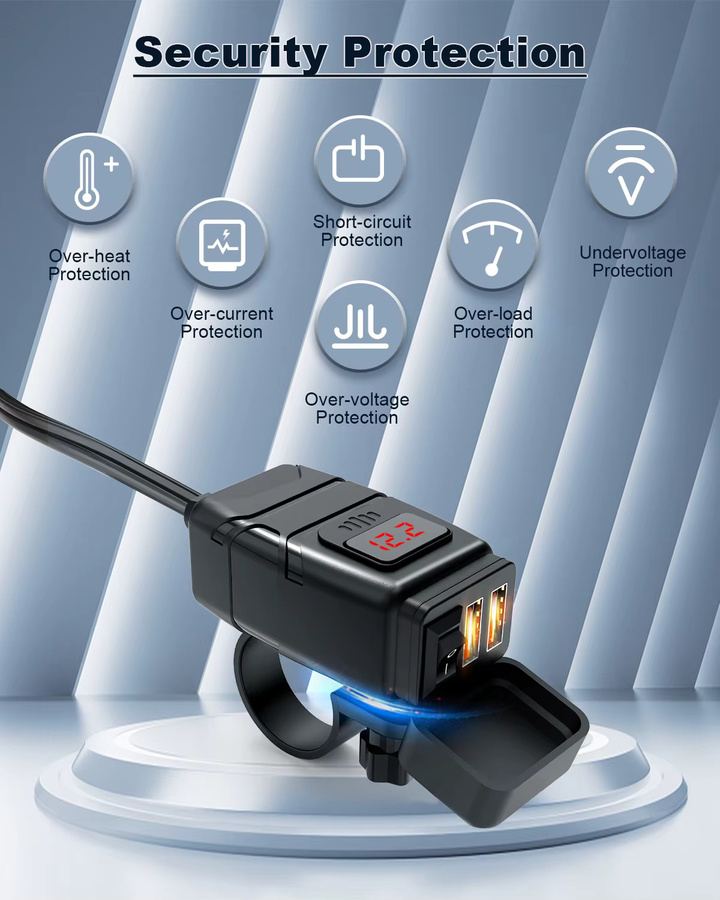 Wasserdichtes Motorrad USB Ladegerät QC3.0 mit Voltmeter und USB-C Anschluss, 12V Lenker Adapter in Schwarz oder Blau - Bild 4