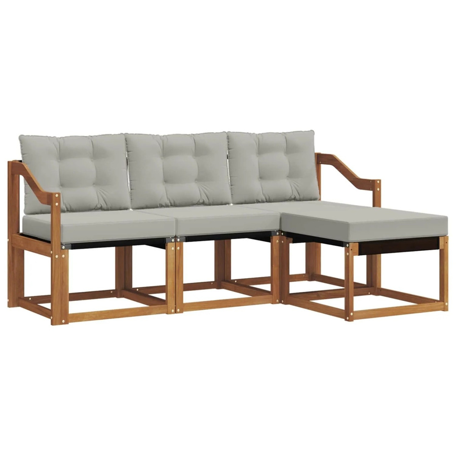 vidaXL Outdoor-Sofagarnitur 4-teilbig aus Akazienholz und Textilene in Natur und Hellgrau mit Kissen und Hocker - Bild 2