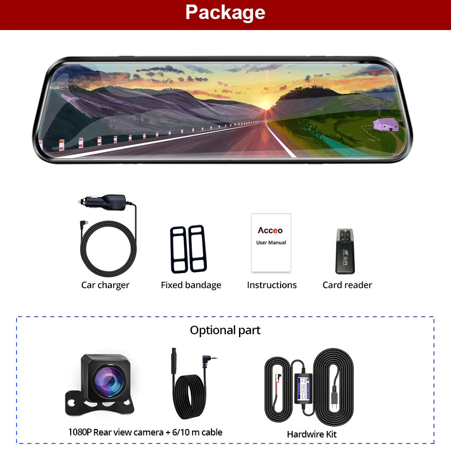 Acceo Dash Cam Spiegel Recorder mit 9,66 Zoll Touchscreen, Rückfahrkamera und Nachtsicht in Schwarz - Bild 5