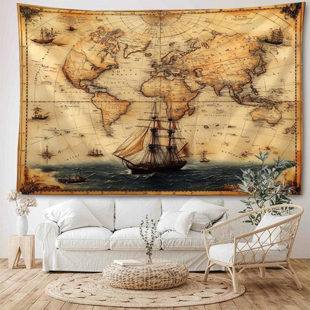 Vintage nautischer Wandteppich mit Weltkarte von ZHENZHENRISHANG in Schokoladenbraun, Breite: 150 cm, Höhe: 100 cm