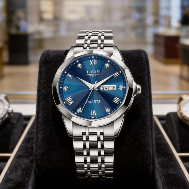 LEGE Armbanduhr Herren, Quarz, Edelstahl, Blau, Silber, Wasserdicht - Bild 1