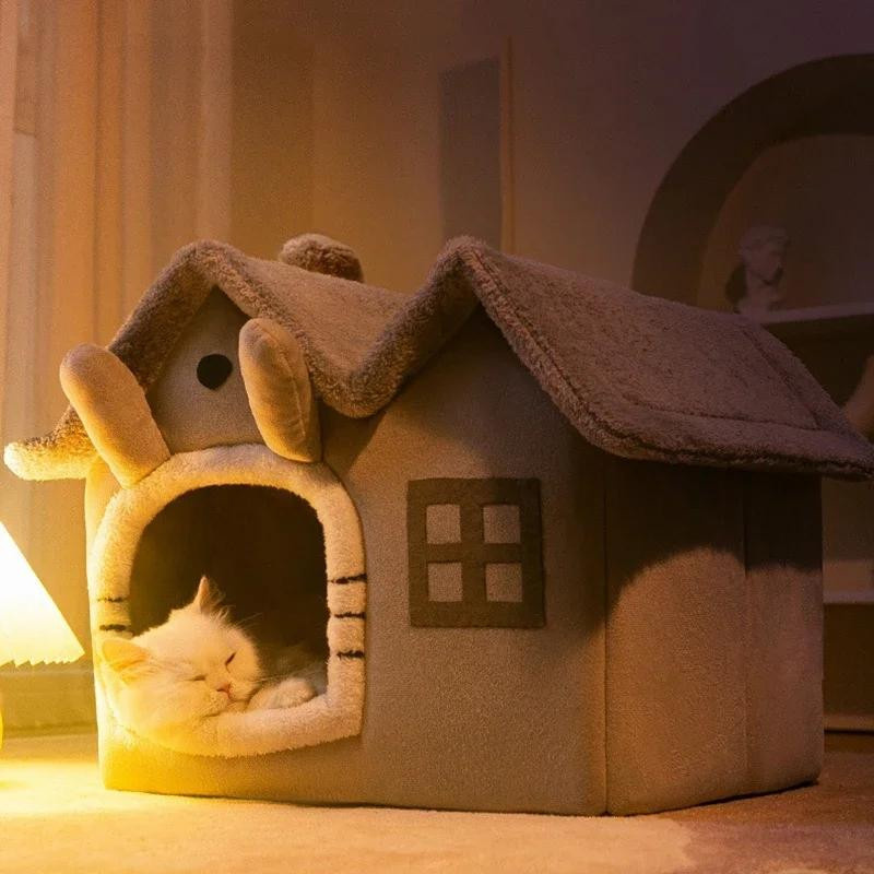 Faltbares Katzenhaus aus Plüsch in Braun als warmes Höhlenbett für kleine Hunde und Katzen in Größe S - Bild 3