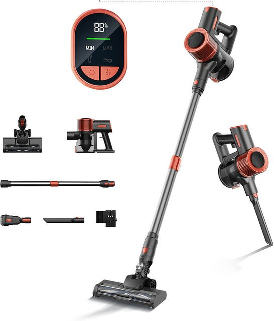 JIGOO C200 Akku-Staubsauger mit 23 KPa Saugleistung, 40 Min. Laufzeit, LED-Scheinwerfer und Teleskop-Metallrohr, Grau/Rot - Bild 1