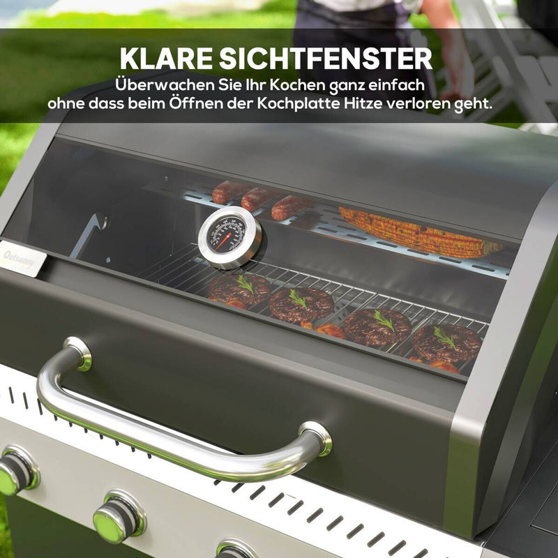 Outsunny Gasgrill mit 5 Brennern und Seitenkocher, BBQ Grillwagen mit 2 Heizzonen, Thermometer und Seitenablagen, H x B x T: 110 x 54 x 135 cm - Bild 3