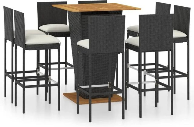vidaXL 9-teiliges Gartenbar-Set aus Poly Rattan und Akazienholz in Schwarz mit Kissen - Bild 1