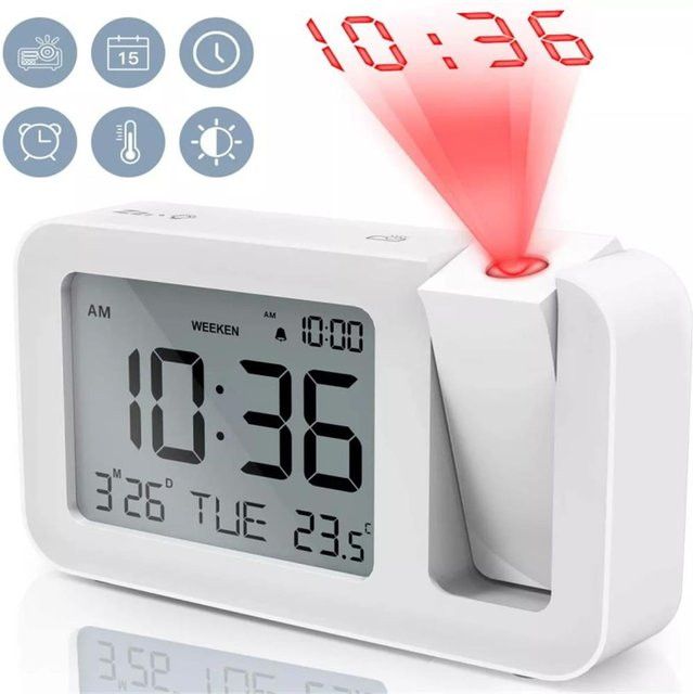 VOCOO Wiederaufladbarer LED Digital Projektionswecker mit Temperaturanzeige in Weiß - Bild 1