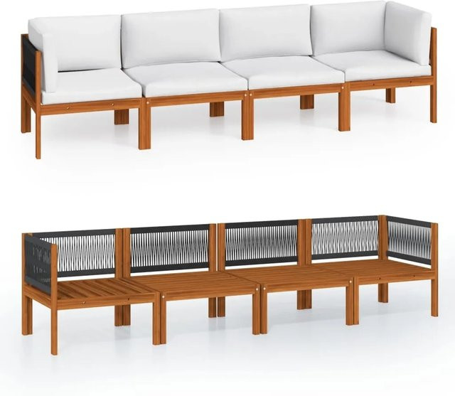vidaXL L-Shape Gartensofa aus Massivholz Akazie mit Kissen in Beige und Weiß - Bild 1