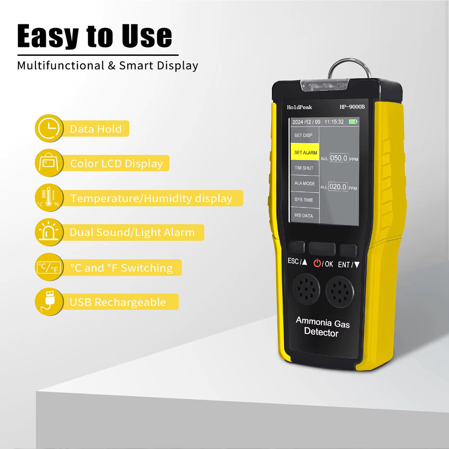 HoldPeak HP-9000B Ammoniak-Gasdetektor für kontinuierliche quantitative Analyse, tragbarer Sensor 0-100ppm, gelb, mit LCD-Bildschirm und Dual-Alarm, wiederaufladbar - Bild 3