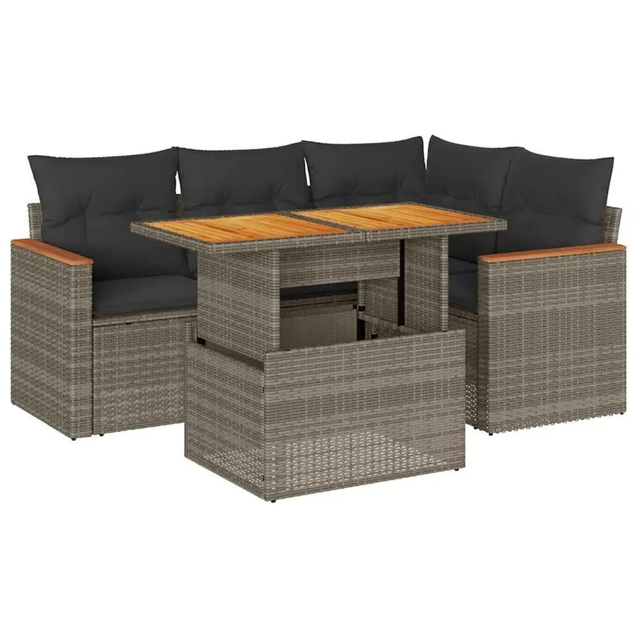 vidaXL 5-teilige Garten-Sofagarnitur aus Poly-Rattan und Akazienholz in Grau mit Kissen - Bild 2