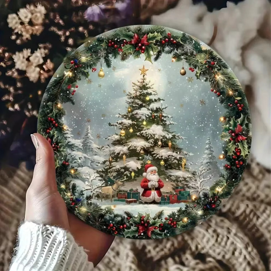HELLOYOUNG Metallschild Vintage Weihnachtsmann mit Baum als runde Wandkunst in Mehrfarbig, Durchmesser: 20 cm - Bild 3