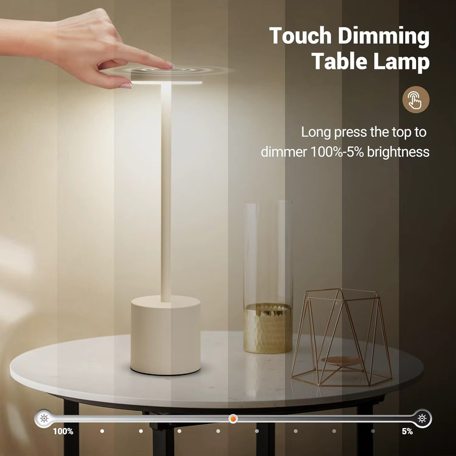 Wiederaufladbare LED Tischlampe mit Touch-Sensor in Weiß, dimmbares kabelloses Nachtlicht und Leselampe für Schlafzimmer, Restaurant oder Hotel - Bild 2