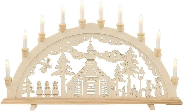 Dekohelden24 XXL Leuchterbogen Schwibbogen mit Motiv aus Seiffen und wechselbaren Spitzkerzen in Beige, B/H: 71 x 40 cm, Tiefe: 4 cm - Bild 1