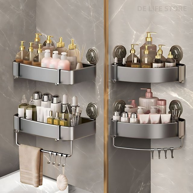 WudenCozfy Eckregal aus Aluminium für das Badezimmer in Silber Matt mit Saugnapf zur Wandmontage ohne Bohren - Bild 1