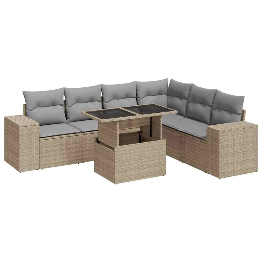 vidaXL 7-teilige Garten-Sofagarnitur in L-Form aus Poly-Rattan mit Kissen in Beige-Grau - Bild 2