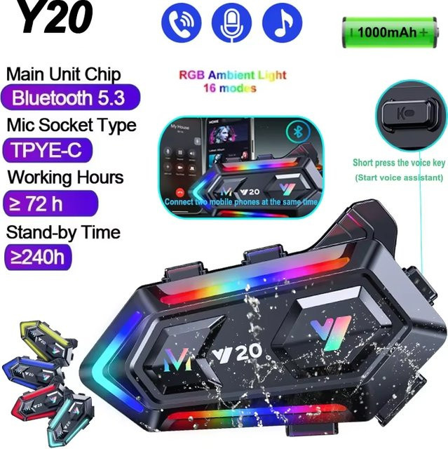 kebidumei Y20 Bluetooth-Motorradhelm-Headset in Schwarz mit RGB-Beleuchtung, Geräuschunterdrückung und 1000 mAh Akku - Bild 1