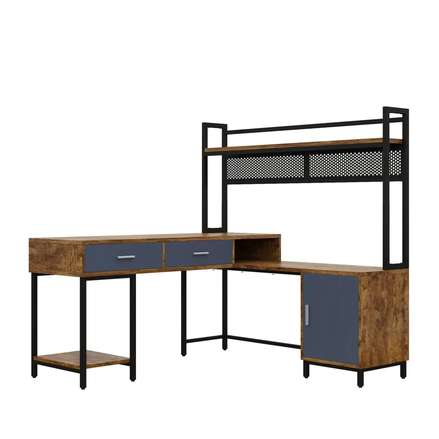 PXloue Eckschreibtisch in Schwarz mit Schrank und Drahtgitter im Industriestil, B/T/H: 140 x 140 x 135 cm - Bild 2