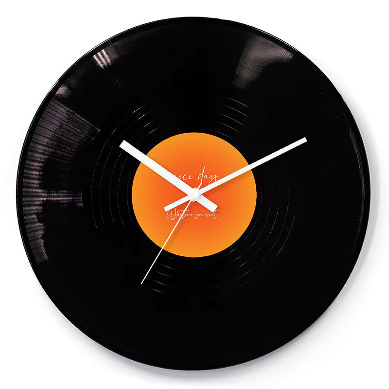 Retro Wanduhr im Schallplatten-Design mit Sonnenuntergang-Motiv in Blau und Schwarz - Bild 2