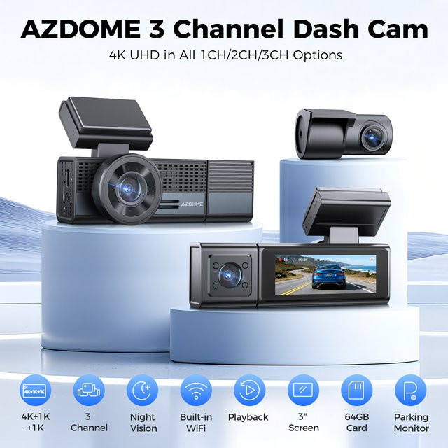 AZDOME M500 4K Dashcam 3-Kanal Auto-DVR mit Nachtsicht, G-Sensor, 24H Parküberwachung und Sprachsteuerung, Schwarz - Bild 1