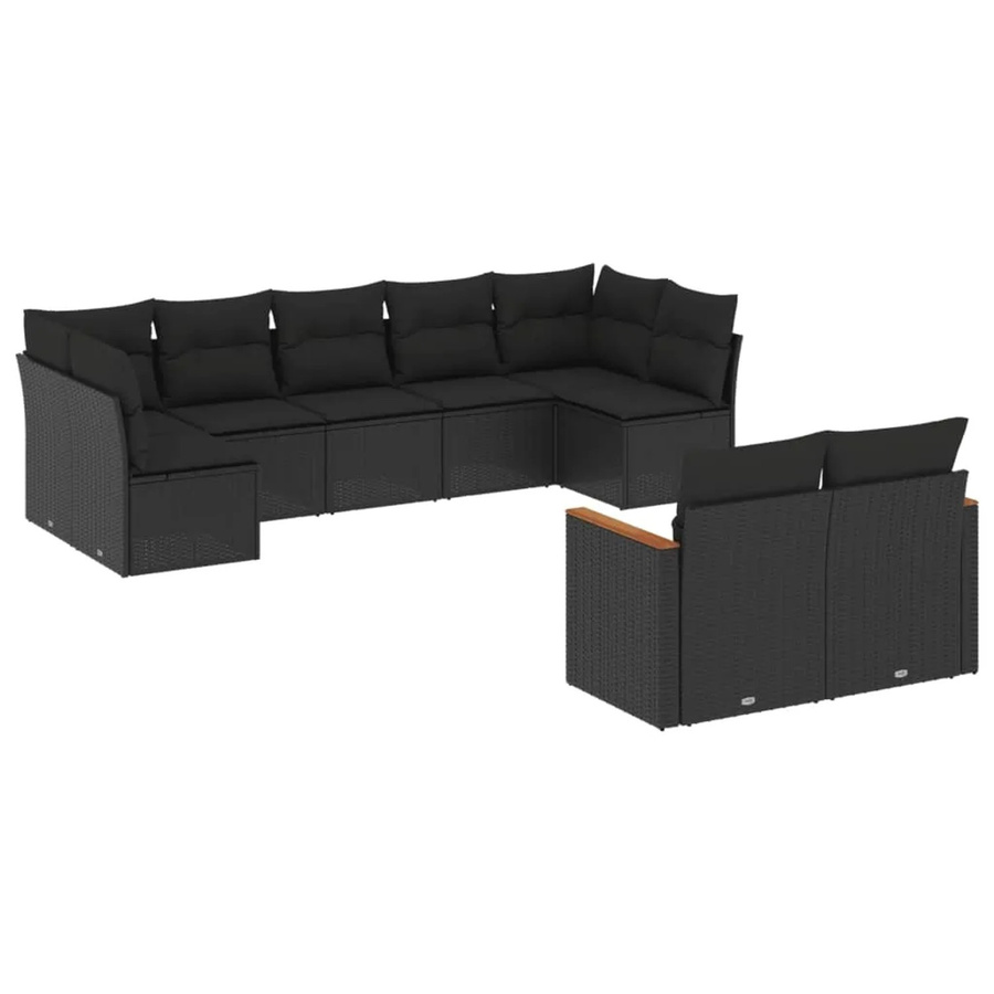 vidaXL 9-tlg. Garten-Sofagarnitur in L-Form aus Poly-Rattan und Akazienholz mit Kissen, Schwarz - Bild 2