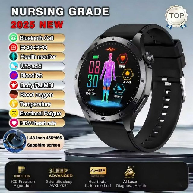 Lucky Start Smartwatch für Huawei mit EKG und PPG Laserbehandlung, Blutdruck- und Herzfrequenzmessung, HD-Anruffunktion, wasserfest, schwarzes Silikonarmband für Herren - Bild 1