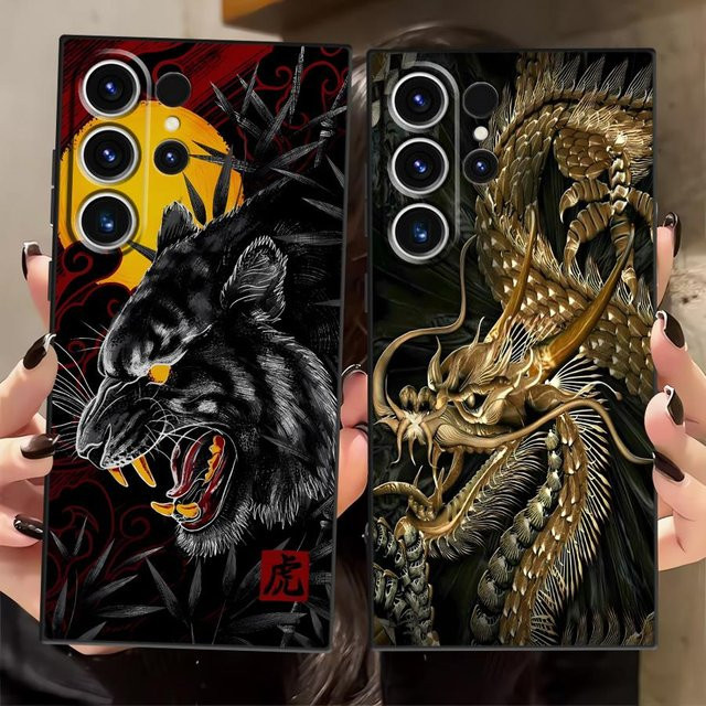 Schwarze weiche Handyhülle Tiger Dragon für Samsung Galaxy S25 Ultra S24 S23 S22 S21 S20 Note 20 10 Plus FE - Bild 1