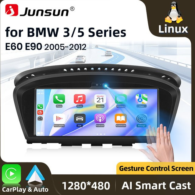 Junsun Linux Wireless Carplay und Android Auto Autoradio mit Bluetooth und GPS Navigation für BMW 3er E90 E91 E92 E93 sowie 5er E60 E61 E62 E63 E64 CCC CIC Modelle in Schwarz - Bild 1