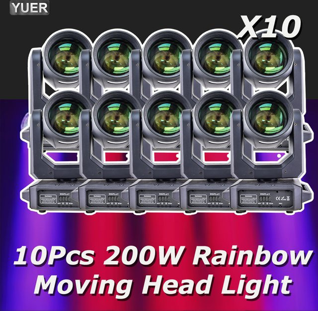 Yuer 10er Set LED Moving Head Beam und Spot mit 200W, 18 rotierenden Prismen und Regenbogeneffekt, Multicolour RGB, Schwarz - Bild 1